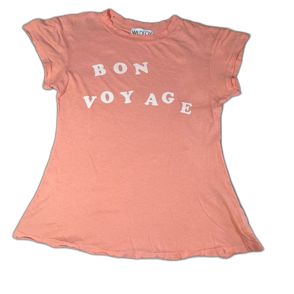 Wild Fox Bon Voyage Distressed Short Sleeve T-Shirt Pastel Peach/Orange Size XS